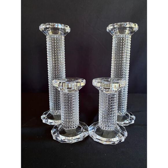 Set of 4 Stunning Crystal Candlestick Holders | Pillar Textured Stem - Picture 1 of 7